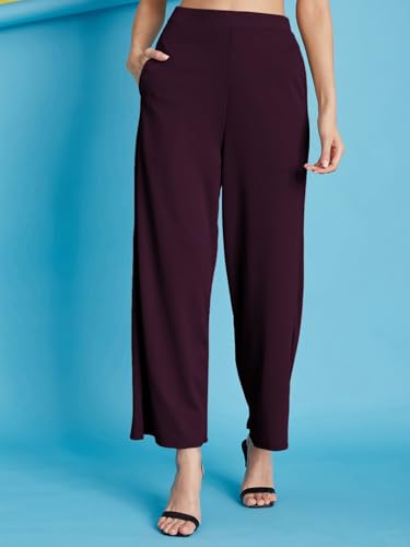 Image of Selvia Women's Solid Ribbed Lycra Elastic Regular Fit Wide-Leg Trouser