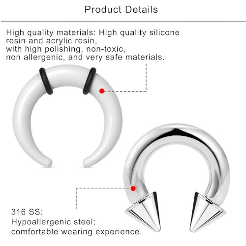 Lcolyoli Large Septum Rings 14G 12G 8G 6G 4G PA Ring Internally Threaded Spike Horseshoe Barbell Stainless Steel & Acrylic Plastic Pincher Tapers C Shape Buffalo Stretcher Expander for Women Men3