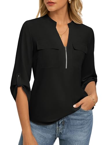 Womens Business Casual Tops,3/4 Sleeve Henley Shirts with Zip Up,Office Work Blouses Lightweight Summer Black M