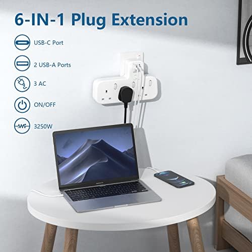 3 Way Plug Extension with 1 USB C and 2 USB Ports, Surge Protected Multi Plug Adapter , LENCENT 3 AC Wall Charge Extender for Household Appliances, iPhone, Smartphone, Tablets, 13A 3250W