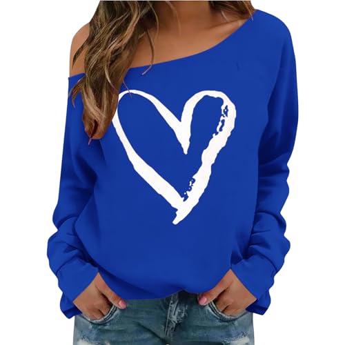 Nidddiv Top sin hombros para mujer, blusa de manga larga, estampado de corazones, sudadera Y2K, camiseta de manga larga, con un hombro, ropa de calle, sin capucha, suéter informal para mujer, azul, S