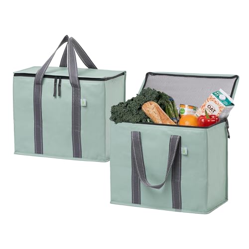 Image of VENO 2 Pack Insulated Grocery Bags, Hard Bottom, Light Green | Heavy Duty, Water-Resistant, Reusable Shopping Bags, Foldable, Zippered, Easy Clean, Food Delivery, Grocery Shopping, Picnic