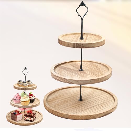 YedZen 3 Tier Round Cake Display Stand, Tiered Cupcake Light Tung Wood Holder with Metal Handle, Dessert Tiered Serving Wooden Cupcake Stand for Afternoon Tea, Party, Wedding, Birthday