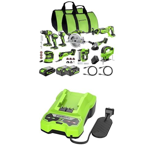 Greenworks 24V Brushless 10 PC Combo (Drill/Impact Driver/Circular Saw/Recip Saw/Jig Saw/Sander/Light/Multi-Tool/Nailer/Grinder (2) 4.0Ah + 2.0Ah Batteries (24,000mAh) USB-C Charger,