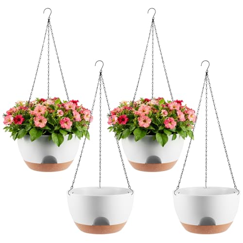 WUCEIAUU 4-Piece Set of 8-Inch Hanging Planters with Automatic Watering System and Drip Tray, Includes Metal Chain, Suitable for Various Indoor and Outdoor Plants and Flowers, White Brown by WUCEIAUU - Used condition - US$14.89