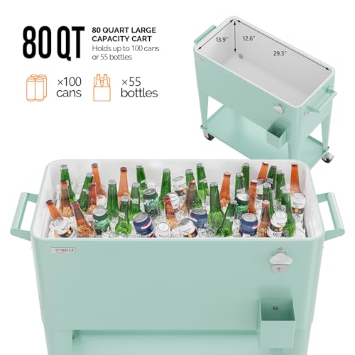 Image of VINGLI Rolling Ice Chest, Portable Patio Party Bar Drink Cooler Cart, with Shelf, Beverage Pool with Bottle Opener