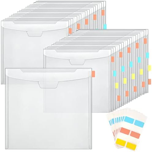 Caydo 50 Pieces Scrapbook Paper Storage with Buckle Design, Clear Scrapbook Paper Organizer with 120 Pieces Sticky Index Tabs for 12x12 Scrapbook Paper, Vinyl Paper, Photos