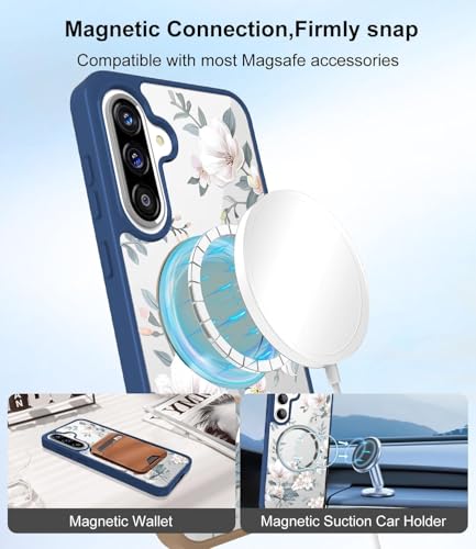Image of VONZEE Compatible with Samsung Galaxy A57 5G Back Case Luxury Retro Flowers Floral Clear for Magnetic Wireless Charging Case Shockproof PC+TPU Cute Glossy Shiny Cover for Girls Women, Blue