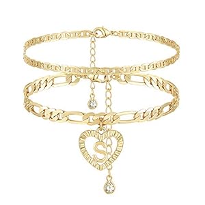 YANODA Initial Ankle Bracelets for Women 14K Gold Plated Layered Figaro Chain Letter Initial Anklets Handmade Layered Heart Ankle Bracelets Personalized Jewelry for Women