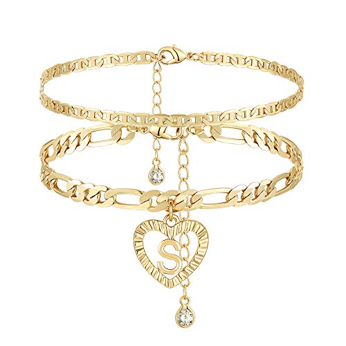 YANODA Initial Ankle Bracelets for Women 14K Gold Plated Layered Figaro Chain Letter Initial Anklets Handmade Layered Heart Ankle Bracelets Personalized Jewelry for Women
