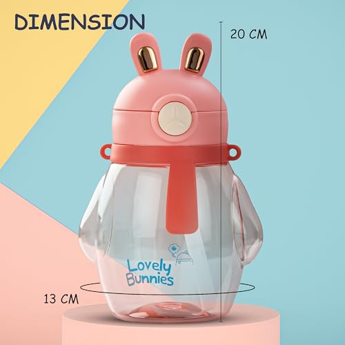 Image of Baybee Lovely Bunnies Kids Water Bottle 600ml | BPA Free & Leakproof Safe Sipper Bottle with Straw | Cute Rabbit Design Smooth Sipping with Handle & Neck Strap, Flip Lid for School Kids & Babys (Pink)