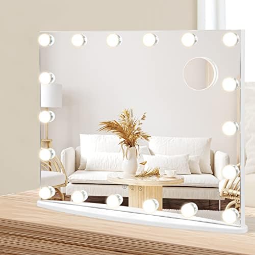 RELAX4LIFE Hollywood Vanity Mirror, Tabletop or Wall-Mounted Makeup Mirror with 18 LED Bulbs, 3 Color Lighting Modes & Detachable 3x Magnifying Mirror, Touch Control Cosmetics Mirror for Bedroom