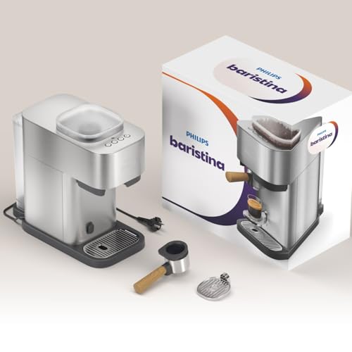 Philips Baristina Espresso Machine Plus - Automatically grinds, tamps & brews, 16-bar pressure pump, Easy clean, Espresso, Lungo & Iced Coffee - Stainless steel with ash wood portafilter (BAR500/00)