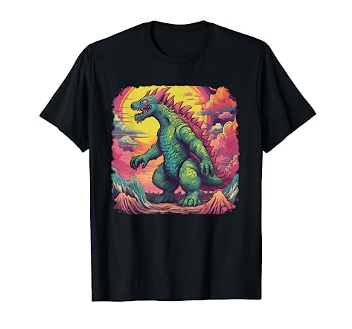 Opere d'arte psichedeliche ispirate agli anni '70 Groovy Blacklight! Pittura digitale astratta di una grande lucertola mostro, dinosauro, drago. Colori vivaci e forme fondenti celebrano l'arte cosmica e la cultura hippie degli anni '70. Perfetta illustrazione digitale retrò.