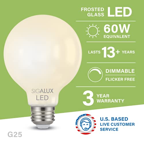 Sigalux G25 Led Globe Light Bulb,Dimmable Vanity Light Bulb 60W Equivalent,E26 Led Filament Frosted Glass Bulb 2700K Soft White, Round Bulb For Bathroom Vanity Mirror,500Lm,Ul Listed,6 Pack #TOP1