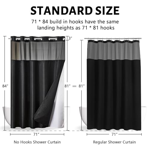 Image of Furlinic Extra Long No Hook Waffle Weave Shower Curtain with Snap in Fabric Liner Set,Heavy Duty Bathroom Curtains with See Through Window,Machine Washable & Waterproof,Black,71x84 Inch