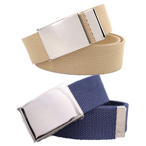 DTKJ Lot de 2 ceintures unisexes en toile de coton pour homme et femme, avec boucle à rabat militaire en métal argenté pour sport, escalade, chasse, Kaki et bleu marine, 115 cm Cover