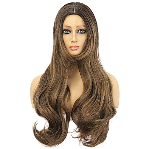 VOKEYLA Brown Wigs Body Wave Wig for Women 24 Inch Middle Part Long Wavy Wigs with Free Cap Synthetic Natural Looking Ombre Brown Wigs(Color:Ombre Syrup Brown)