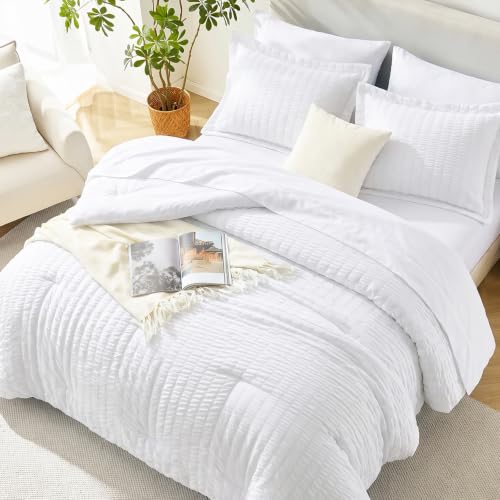 Image of HIMEET Oversized Queen Comforter Set - 7 Pieces Seersucker Bed in a Bag, Boho Bedding Sets for Bedroom Decor, All Season Home Essential Bed Set with Comforter, Sheets, Pillowcases & Shams, White