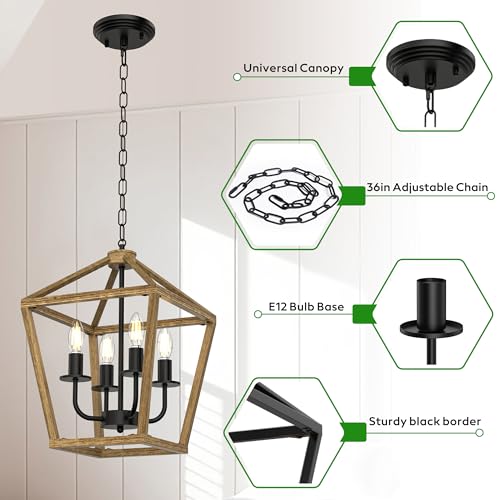 Image of Farmhouse Lantern Chandelier 4-Light, Industrial Brushed Rustic Oak Ceiling Light Fixture with Open Cage and Adjustable Hanging Height,Kitchen Island, Dining Room, Entryway, Foyer