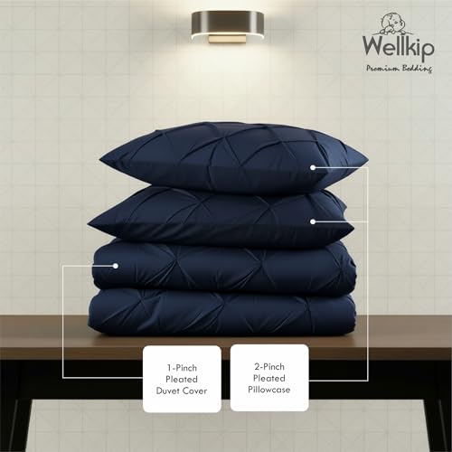 Image of Pinch Pleated Duvet Cover Set 1000TC 100% Cotton Premium 3-Pieces 1-Duvet Cover & 2-Pillow Cover Luxury Look Home and Hotel Zipper & 8-Tie Closure (Navy Blue, King 92 X 106 Inch)