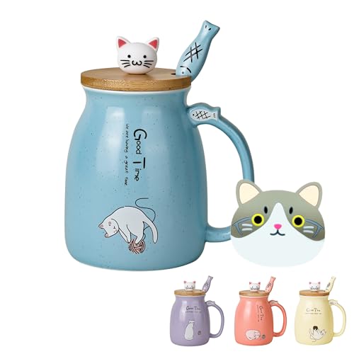 Bonita taza de café de cerámica Kawaii con tapa de madera de gatito y bonita cuchara de acero inoxidable, taza de mañana novedosa, taza de animales japoneses, regalos de cumpleaños para mujeres Bonita taza de café de cerámica Kawaii con tapa de madera de gatito y bonita cuchara de acero inoxidable, taza de mañana novedosa, taza de animales japoneses, regalos de cumpleaños para mujeres
