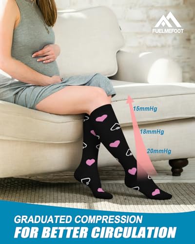 Image of FuelMeFoot 6 Pairs Compression Socks for Women & Men 15-20mmHg Graduated Support Knee High Socks for Nurses, Travel, Athletic