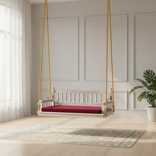 Image of APRODZ Swing for Home Reversible Sheesham Wooden Jhula for Adult for Home | Wooden Swing for Balcony | Hanging Swings with Brass Coated Chain | Patio 3 Seater Indoor /Outdoor, White