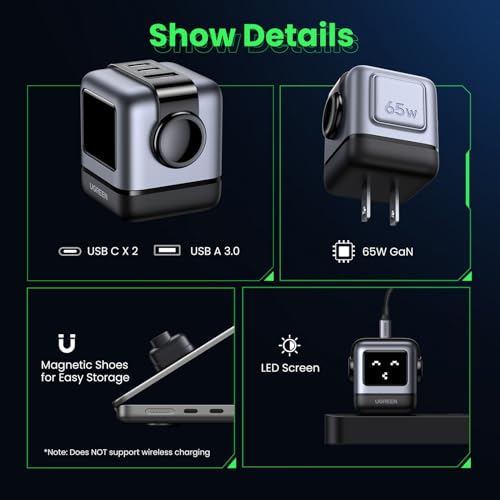 UGREEN Uno 65W USB C Charger Block, Nexode 3-Port GaN Fast Charger with Screen, Fun Robot Gifts for Men Women, Compatible with iPhone 17, MacBook Pro/Air, XPS, Galaxy S25, Steam Deck, ROG Ally, Black - Image 5