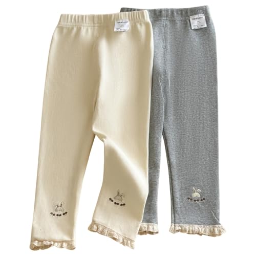 Legging coton fille lot de 2 pantalon extensible lapin brodé pour enfant 1-9 ans