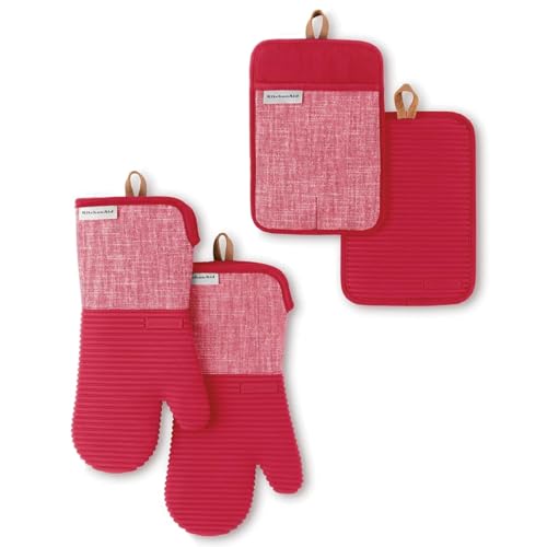 KitchenAid Chambray 4 Pack Pot Holder and Mini Oven Gloves Mitt Set Heat Resistent Non-Slip Silicone Grips 100% Cotton (RED)