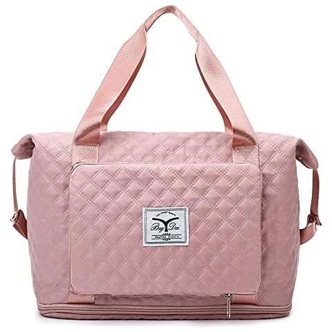 Macolily Women Expandable Travel Duffle Bags, Large Capacity Folding Travel Bag with Wet and Dry Separation Bag, Diamond Grid Pattern, Sports Gym Bag for Travel, Sports, Fitness (Pink) Cover