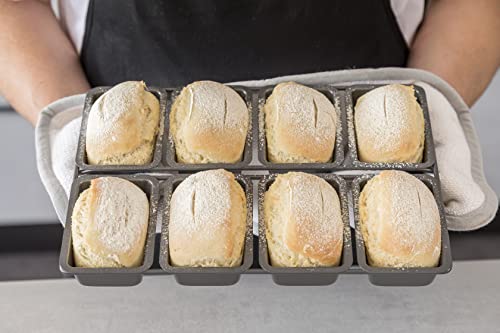 Chicago Metallic Non-Stick Professional Mini Cake Pans, Small Individual Loaf Bun Cupcake Tins, Dishwasher Safe - 8 cups (9 x 3 cm), Grey