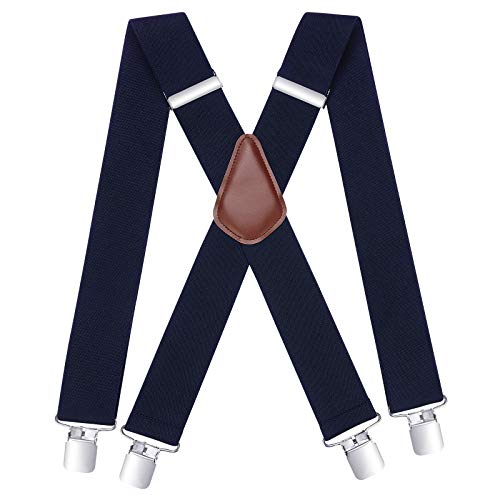 HISDERN Bretelles pour hommes bleu marin avec de tres fortes 4 clips bretelle homme Heavy Duty X Suspenders style reglable bretelle