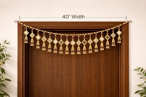 Image of iHandikart Handmade Decorative Beads Toran, with, Mirror, Flower Bell, for Beads, Size - 40 * 8 Inch, Traditional Used for - Home Decor, Fetival Decoration, (IHK-T155)