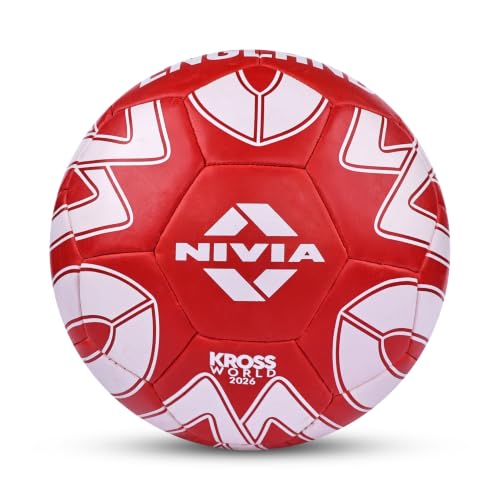 Image of Nivia Kross World Football (England) Training Ball, 32 Panels, Durable Rubber Hand-Stitched, Latex Bladder, As Per AIFF Standards, to Play On Both Natural and Artificial Grass (Size - 5, Red)