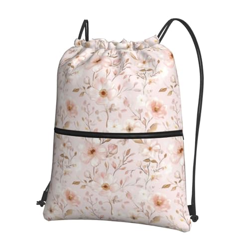 Elegant Floral Pink Drawstring Bags Gym Bag For Women Men Beach With Zipper Pocket Bag Outdoor 18 * 15.3 Inches3