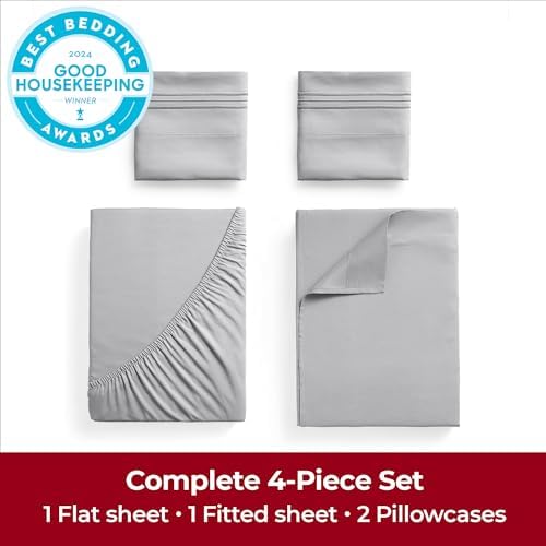 Mellanni Extra Deep Pocket Sheets - King Size Sheet Set - 4 Piece 1800 Brushed Microfiber Bedding with Extra Deep Pocket Fitted Sheet - Easily Fits 18-21 inch Mattress (King, Light Gray)
