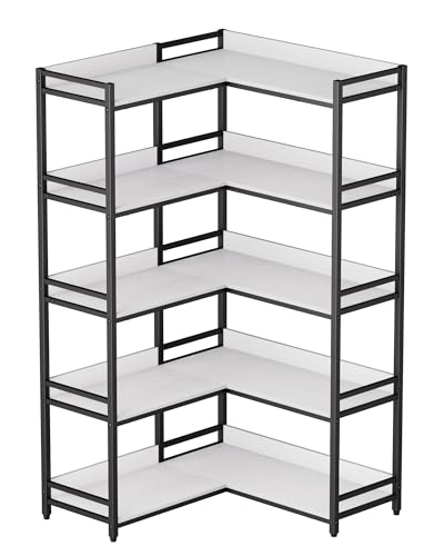 Aquzee Large 5-Tier Corner Bookshelf - Modern Tall Corner Shelf Storage Display Rack with Sturdy Metal Frame - Perfect for Living Room, Home Office, Books and Decor Display