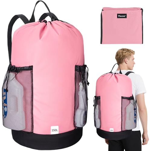 BALEINE 2PK 150L Laundry Bag Backpack, 900D Oxford Fabric Large Travel Laundry Bags with Shoulder Straps and 2 Mesh Pockets for College Dorm, Apartment, Laundromat (Pink, 150L)