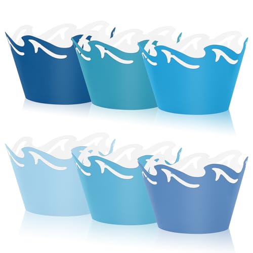 FYSUIMU 36Pcs Ocean Wave Cupcake Wrappers Gradient Blue Sea Wave Cupcake Liners Decorative Dessert Holders for Summer Ocean Party Cake Decoration