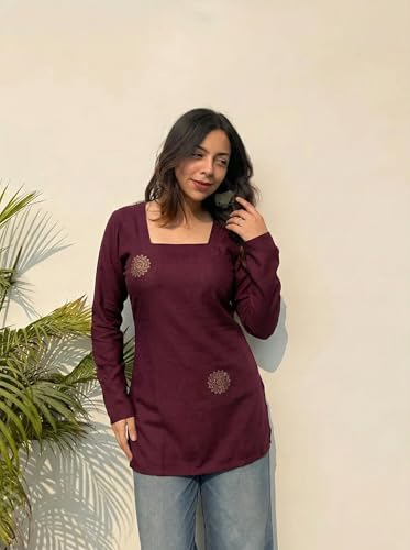 Image of ANNI Designer Women's Viscose Blend Printed Short Kurti | Straight Fit Casual Ethnic Top | Square Neck 3 /4 Sleeve Kurta Office College