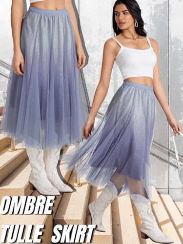 Tulle Skirts for Women Casual,Ombre A Line Flowy Midi Mesh Skirt,Music Festival Outfit Concert Birthday Party2