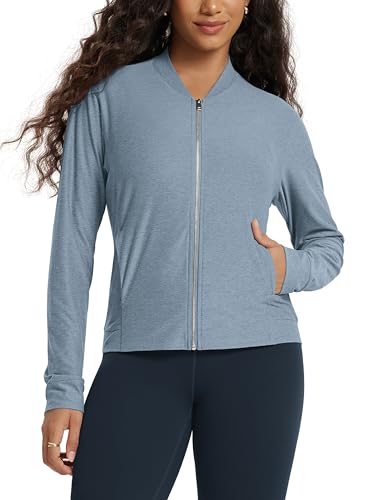 ODODOS Women's Performance Full Zip Track Jacket, Ultra Soft odSTRATUM Tech, UPF 50+ Stand Collar Athletic Top with Pockets, Dusty Blue Heather, Medium