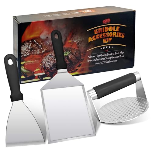 3PCS Smash Burger Press Kit - Burger Press,Hamburger Spatula,Griddle Scraper, NONSTICK Stainless Steel with Anti-Scald Handle,Griddle Set for Blackstone,Flat Top