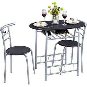 Yaheetech 3-Piece Dining Room Table Set, Kitchen Table & Chair Sets for 2, Compact Table Set w/Steel Legs, Built-in Wine Rack for Breakfast Nook, Small Space, Apartment, Black, 31.5x21x29″ (LxWxH)