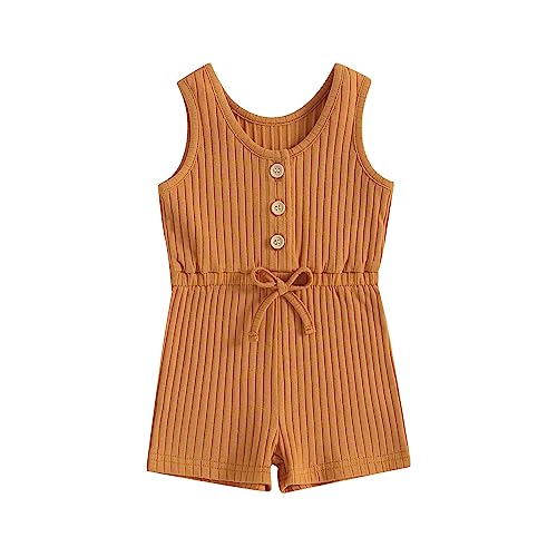 Image of Fernvia Toddler Baby Girl Summer Clothes Sleeveless Ribbed Knitted Jumpsuit Shorts Overalls Baby One Piece Outfit