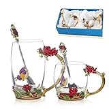 DUMVOIN Glass Fancy Tea Cup Set Birthday Christmas Valentine's Day Gift Idea for Tea Lover and Women Novelty Coffee Mugs Rose Flower Enamel Glass Mug with Spoon