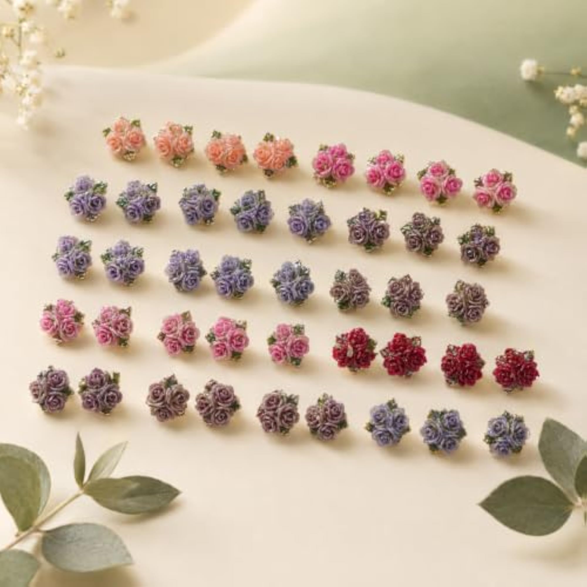 Women's Rose Flower Cluster Stud Earrings, Multicolor Resin