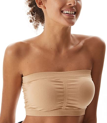 PUREMSX Strapless Bras for Women, Elastic Wireless Nude Bralette Comfort Removable Pads Off Shoulder Bandeau Tube Top,Large,Beige